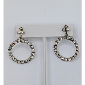 Vintage Weiss Rhinestone Hoop Earrings Screw Back Silver Tone